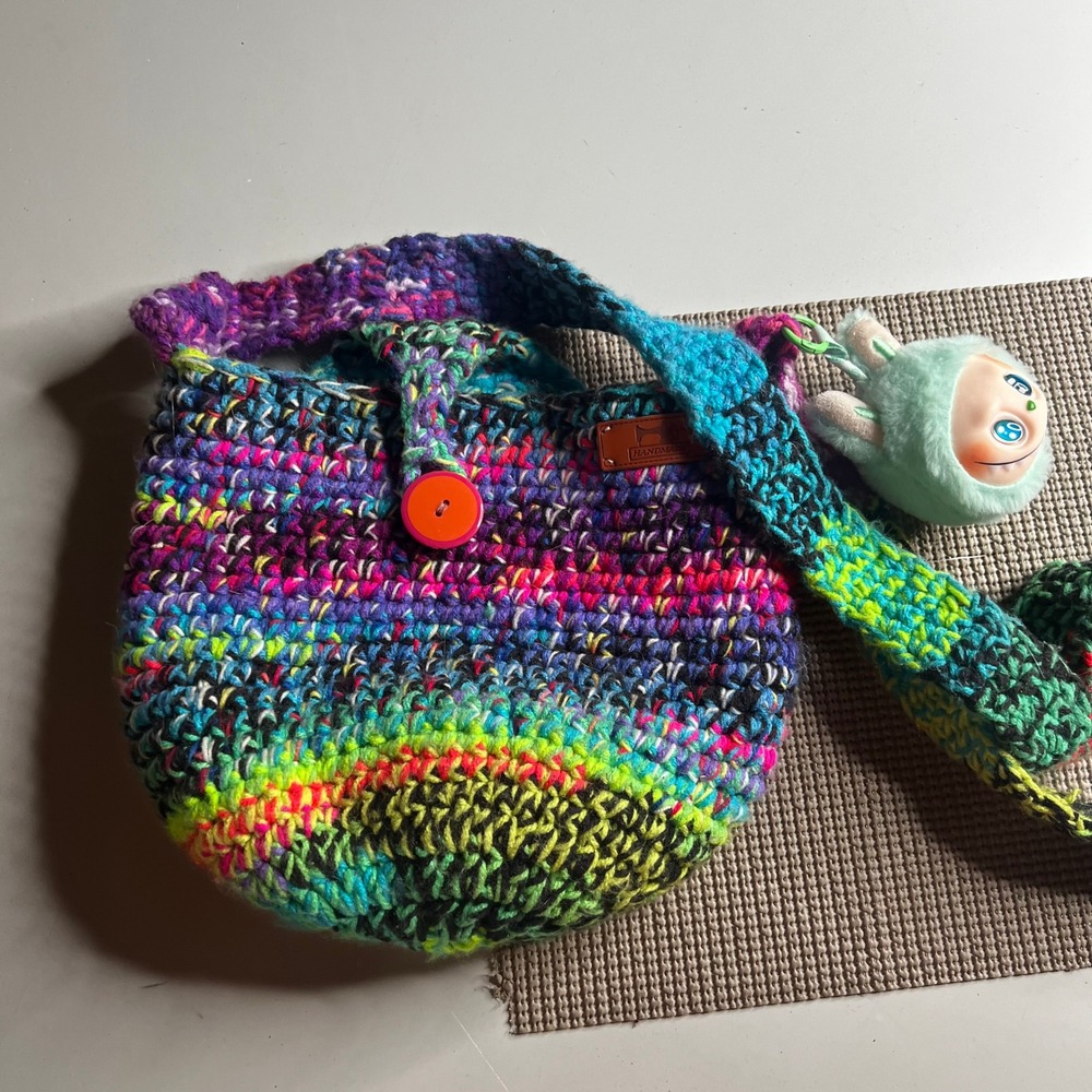 Handmade Crochet Crossbody Bag Multi Color Rainbow Boho Bucket Bag with Charm - Picture 5 of 7